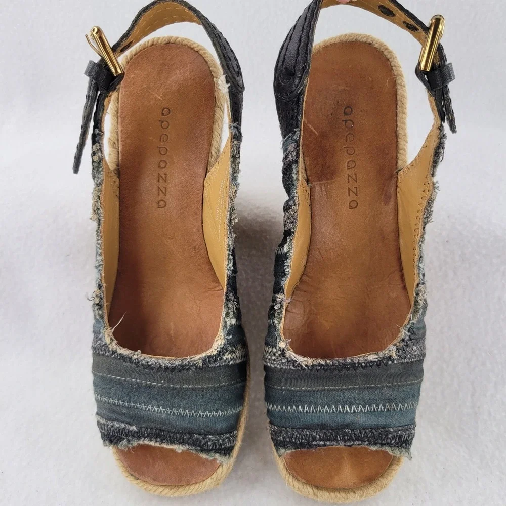 Apepazza Sandals Womens 6 Blue Rodano Espadrille Canvas‎ Heels Wedge Hemp Beach
